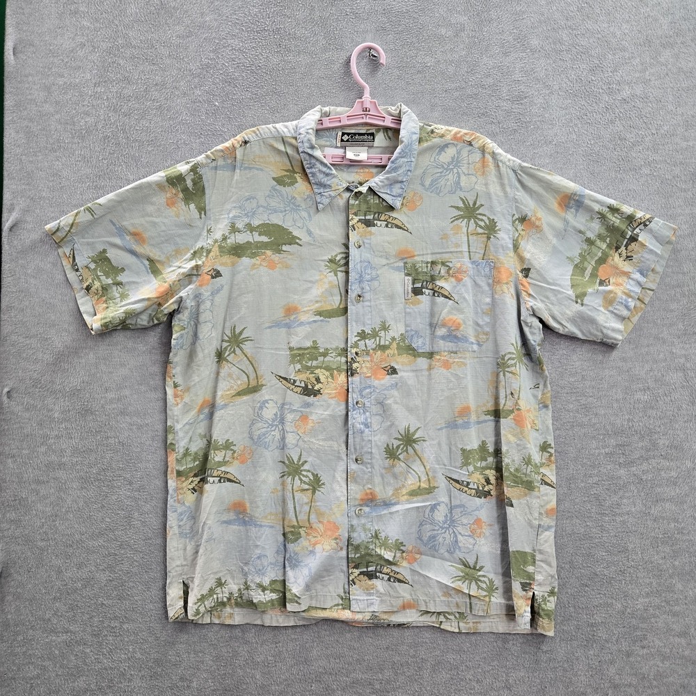 VINTAGE Columbia Men Shirt 2XL Floral Hawaiian‎ Shirt Short Sleeve Logo Y2K